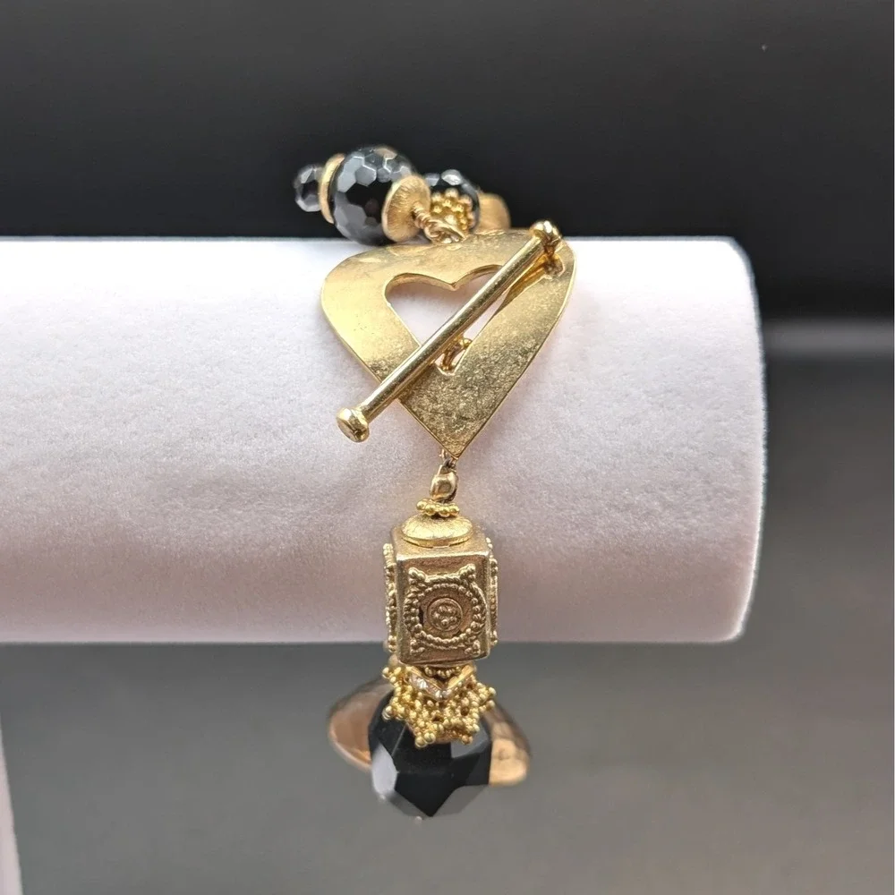 Vintage Gold‎ Heart Dangle Brooch Black Beads Elegant Statement Pin 7in